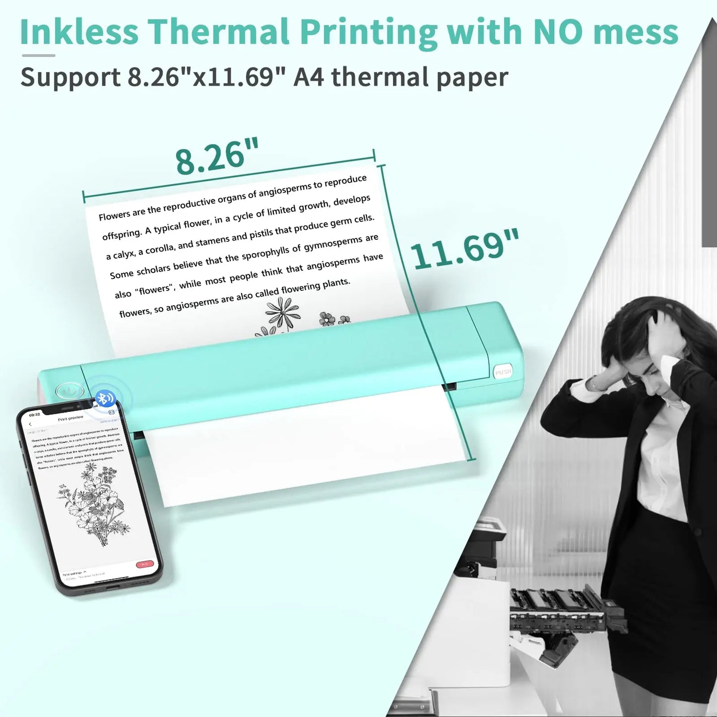 Itari Portable Thermal Printer Wireless, Small Bluetooth A4 Mobile Printer  for Home Use for Laptops, Inkless Travel Thermal Printer for Android & iOS,  Supports 8.26x11.69 Thermal Paper : : Stationery & Office